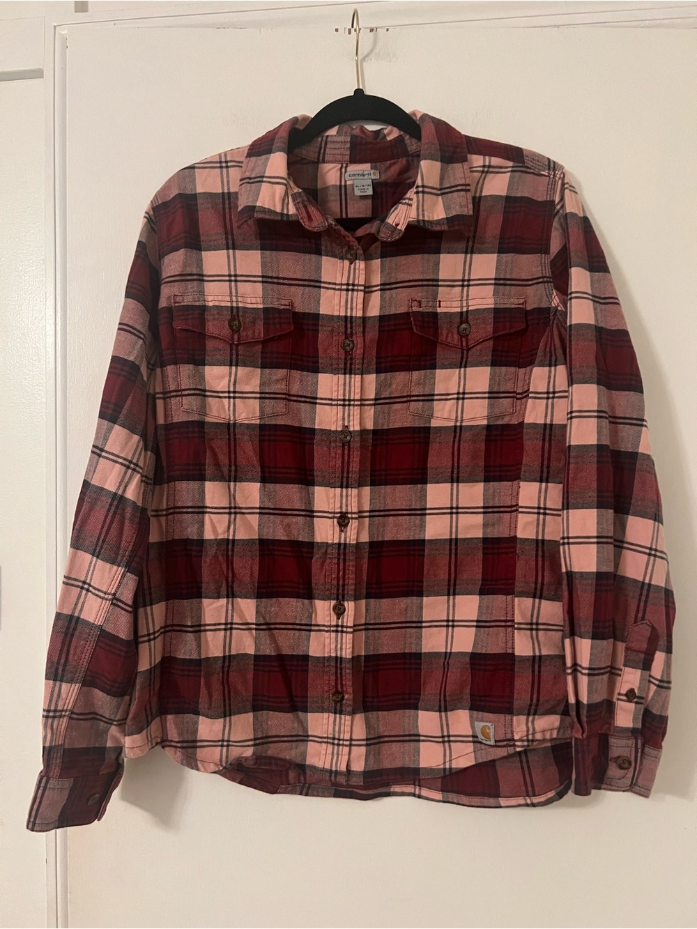 Carhartt Women’s Pink and Burgundy Plaid Button-Up shirt jacket size XL (AA103)